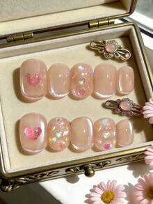 10pcs Handmade Wearable Nail Stickers, Japanese Nude Transparent False Nails, Heart Rhinestone Nail Art Decals, Removable & Reusable Whitening Nail Stickers - Multicolor - View 4