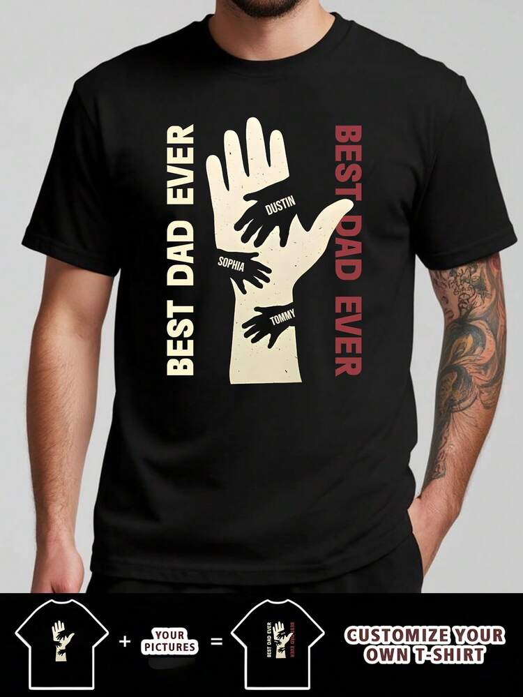 Customized Casual Loose Fit Round Neck T-Shirt For Men - Add Your Own Text - Design Your Unique Printed Tee With A Warm Design Of A Big Hand Holding A Small Hand. Print The Child's Name On The Small Hand As A Unique Expression Of A Father's Love. Also Provides Text/Name And Heartwarming Father's Day Gift. Sports - Black - View 1