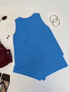 女士针织性感上衣短裤套装，夏季日常穿搭，度假装，辣妹风穿搭 - 藍色 - 查看 4