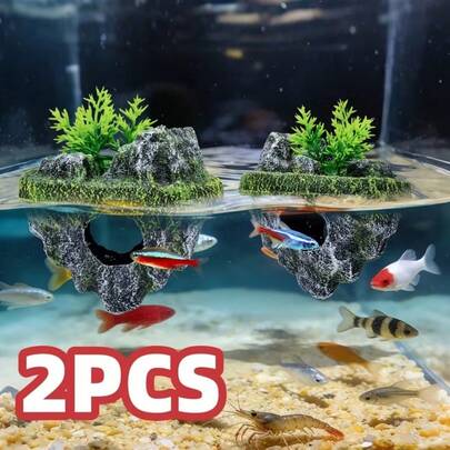 2件套水族箱漂浮岛，带人造植物，是鱼虾躲藏和玩耍的理想场所，非常适合改善水族箱栖息地并作为装饰元素，是水族爱好者的必备品。