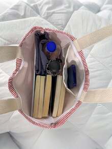 Customized Embroidered Name Striped Canvas Tote Bag, Showcase Unique Style, Personalized Letter Striped Shoulder Bag, Solid Color Zipper Canvas Bag, Large Capacity Casual Bag, Multi-Color Strap, Suitable For Travel, Student Shoulder Bag ,Baglover - Multicolor - View 7