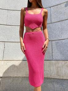Women's Vacation Style Knit Camisole & Bodycon Skirt 2 Pieces Set - Deep Pink - View 4