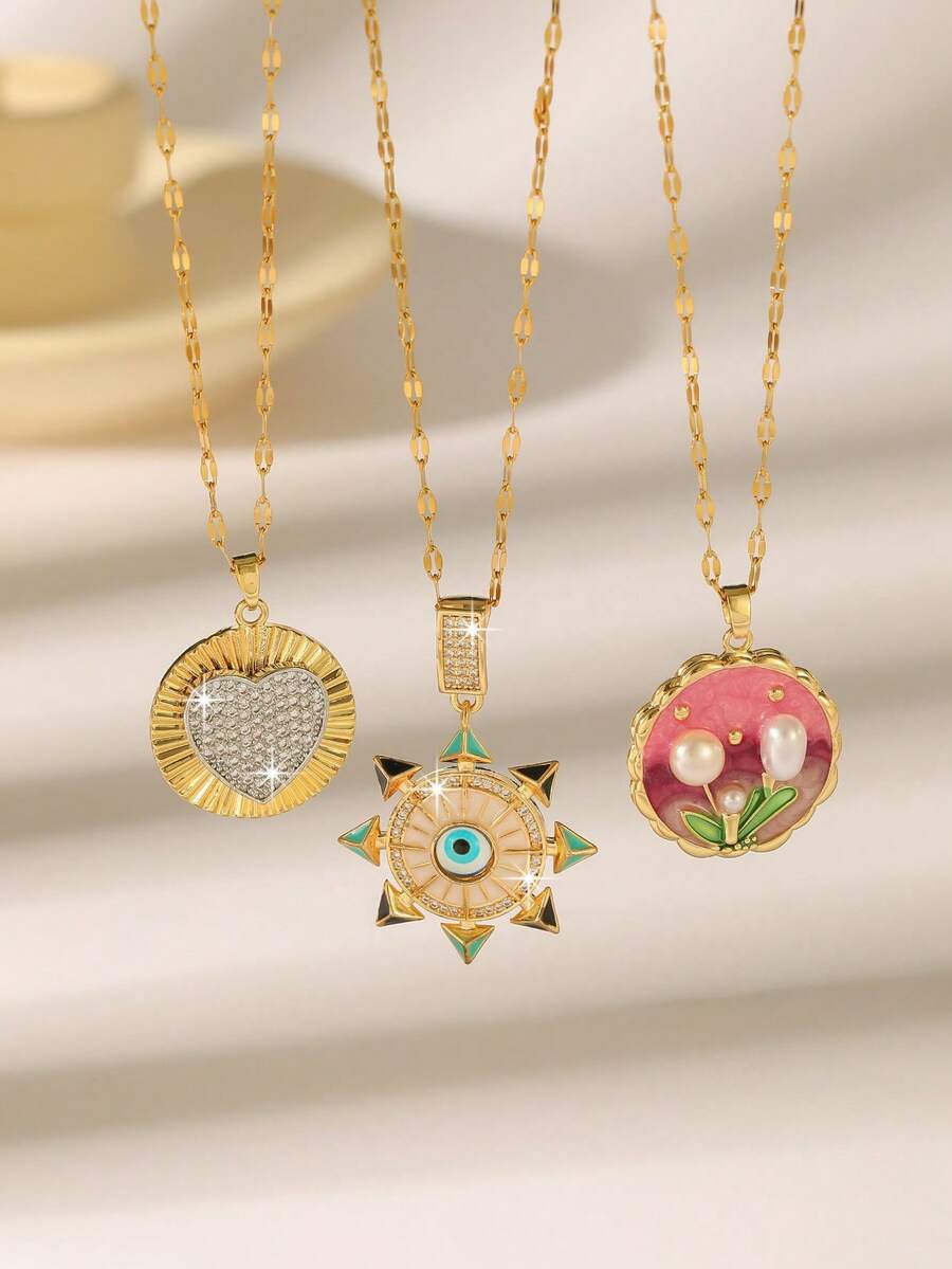 1件优雅时尚蓝色立方氧化锆恶魔眼不锈钢项链，花卉爱心几何设计，女士日常配饰 - 金色 - 查看 1