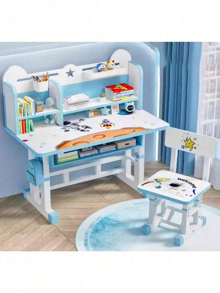 Children's Chairs And Desk With Adjustable Shelves And Table - Blue - View 1