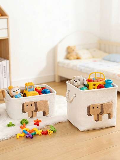 1pc Large Foldable Elephant Storage Basket With Handle - Durable Polyester, & Brown, Perfect For Nursery,Storage Basket For Nursery Sturdy Handle Design For Nursery Decor Kids Room Decor