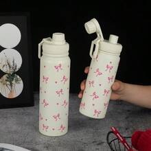 1個 600ml/800ml/1000ml 蝴蝶結&愛心防漏真空保溫瓶 304不鏽鋼太空水壺，大容量健身運動戶外旅行車用飲水瓶 - 米色 - 查看 6
