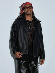 Modcrash Men's Jacket, Streetwear Casual Punk, Leather, Loose Relaxed Fit, Motorcycle, Autumn Winter, Unisex Fall/Autumn/Winter - Black - View 3