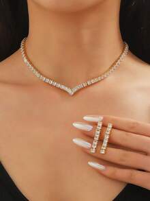 1 Set Elegant Fashion Personalized V-Shaped Sparkling Rhinestone Earrings And Necklace Set, Suitable For Women's Wedding, Party, Valentine's Day Gift, And Daily Wear - Gold - View 1