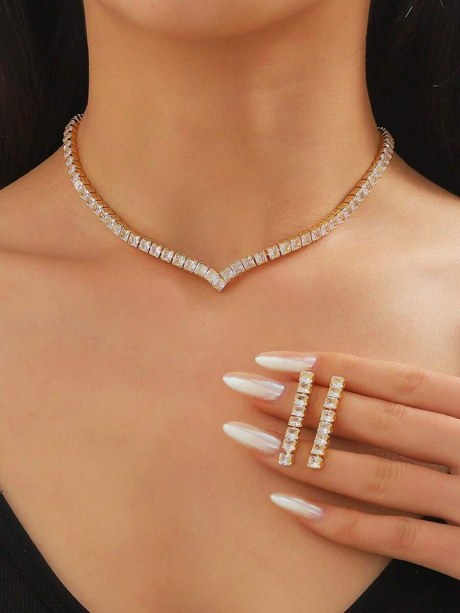 1 Set Elegant Fashion Personalized V-Shaped Sparkling Rhinestone Earrings And Necklace Set, Suitable For Women's Wedding, Party, Valentine's Day Gift, And Daily Wear - Gold - View 1