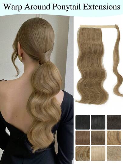 环绕式马尾辫，自然长波浪马尾辫接发，18英寸耐热合成自然波浪假发，环绕式马尾辫接发，适合女性日常使用