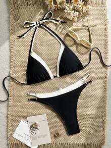 Bộ bikini tam giác gợi cảm mùa hè họa tiết da báo với dây buộc và phụ kiện dây xích kim loại, thích hợp cho kỳ nghỉ. - Đen và trắng - Xem 2