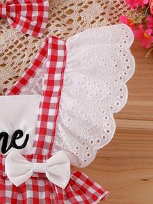 2件装女婴夏季可爱草莓蕾丝边双蝴蝶结拼接撞色格子无袖吊带露背腰部连体连衣裙，配蝴蝶结发带 - 紅色 - 查看 3