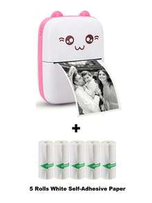 1 pieza Impresora + 5 rollos de papel, Impresora de fotos de bolsillo mini, Impresora térmica portátil sin tinta, Pegatinas de papel de transferencia de 57 mm, Impresora inalámbrica Bluetooth 200 dpi, Rosa - Impresora rosa con 5 rollos de pegatina blanca. - Ver 12