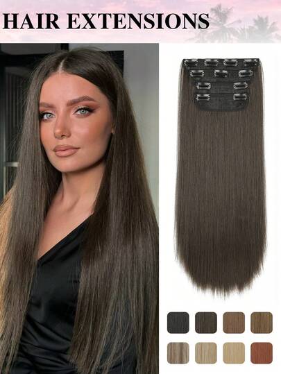 20 Inch 4pcs/Set Ultra-Thin Breathable Synthetic Fiber Double Layer Hair Extensions For Women, Straight Hair