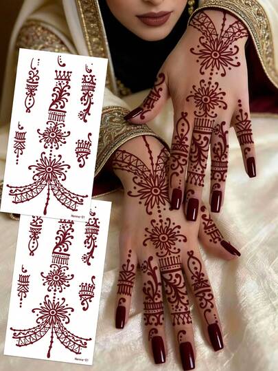 2片棕红色花卉临时纹身贴纸，时尚性感美甲花朵假纹身，防水防汗，适合成年女性和女孩，适用于节日、婚礼、派对和身体装饰。