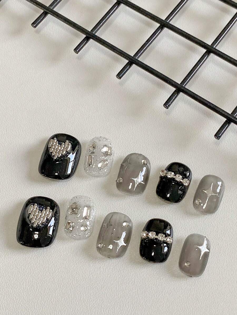 10pcs Black Grey Gradient Star Rhinestone Press On Nails | Edgy Y2K Style False Nails Set For Daily & Party Wear - Multicolor - View 1