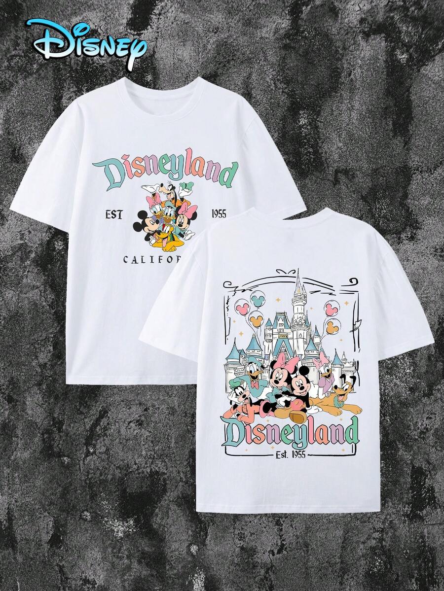 Women's Disney Disneyland Est. 1955 Mickey And Friends Casual Cotton T-Shirt, Short Sleeve Round Neck Regular Fit Top - White - View 1