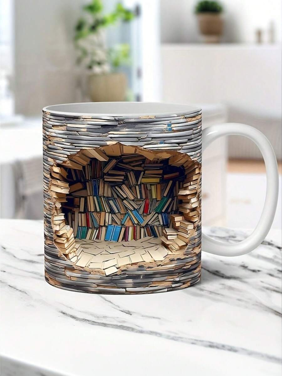 11盎司3D书架马克杯，图书馆主题3D立体马克杯，创意空间设计马克杯，爱书人士咖啡杯，陶瓷圣诞礼物（送给读者） - 藍色 - 查看 1