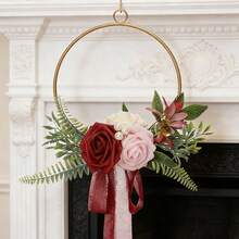 1个蝴蝶结玫瑰花环，金属玫瑰丝绸花环，户外婚礼伴娘手持人造花环，婚礼新娘和伴娘手持花环，新娘手持人造玫瑰花束，婚礼人造花环，创意伴娘花束婚礼金属花环，欧式家居墙挂金属花环 - 圓環 - 查看 11