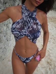 3pcs/Set Floral Print Sexy Halter Bikini Swimwear, Suitable For Spring, Summer, Beach, Stage And Concert Vacation - Blue - View 2