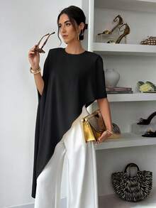 Satin Asymmetric Hem Puff Sleeve Elegant Blouse, Suitable For Party, Date, Formal, Vacation Wear, Black Summer - Black - View 6