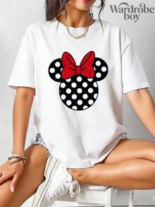 Disney Printed T-Shirt,Disney Minnie T-Shirt, Polka Dot Minnie  Printed T-Shirt,Unisex,High-Quality Pure Cotton T-Shirt,Suitable For All Seasons, Comfortable And Breathable| Exquisite Design | The Best Choice For Giving Gifts - 白色 - 查看 1
