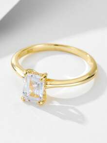 1pc S925 Sterling Silver Geometric Rectangle Cubic Zirconia Wedding Ring, Niche Design Luxury Ins Bridal Jewelry - Gold - View 3