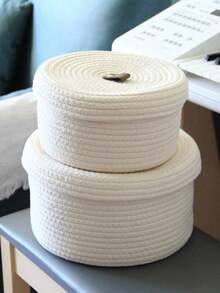 1pc Cotton Rope Storage Box, Woven Desktop Covered Jute Miscellaneous Toy Cosmetic Organizer Basket, Round Multi-Function Catchall, Holiday Gift, Blue - White - View 2