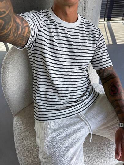 男士条纹针织圆领休闲户外简约时尚百搭短袖T恤，夏季