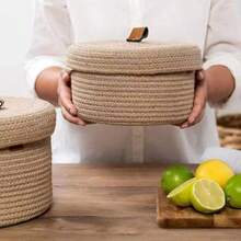 Panier de rangement tressé rond avec couvercle, panier de rangement décoratif multifonctionnel pour le bureau pour les collations, les serviettes, les plantes, les jouets, les cosmétiques, la décoration de la maison, un excellent cadeau pour les femmes à Pâques - Blanc - Voir 8