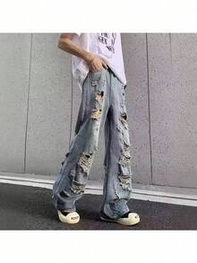 Pantalones de alta calle estadounidense 2026 jeans destrozados con estilo punk europeo y estadounidense unisex para hombre y mujer en descuento de fin de año para fiestas de Año Nuevo en invierno - Azul - Ver 4