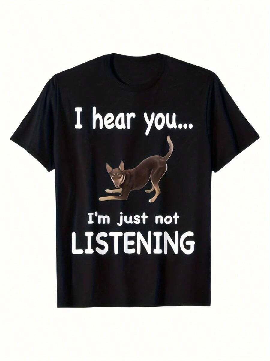 Kelpie Print Women's T-Shirt - Black Casual Short-Sleeved T-Shirt, Printed With The Words "I Heard...But I Don't Care", Crew Neck Design, Non-Stretch Fabric, Fun Clothing_playful Design_durable Printed Dog T-Shirt - Black - View 1