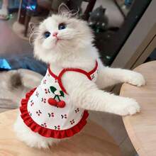 宠物猫狗轻薄红色吊带樱桃连衣裙，可爱背心款，适合猫咪和小型犬春夏穿着，也适合兔子穿着。 - 紅色 - 查看 5