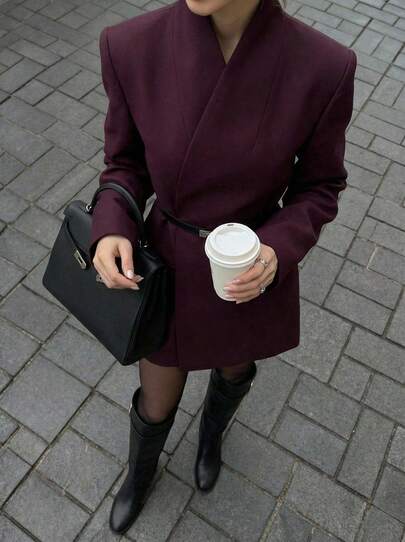 Buzzelle 女士优雅高级时尚日常纯色装饰腰带口袋交叉 V 领连衣裙夹克，秋冬外套（含腰带）