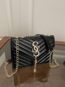 女士时尚纯色PU皮革绗缝单肩包，多功能翻盖宴会晚宴链条斜挎包，新款休闲方形度假旅行手机零钱包，适合白领和学生日常通勤的斜挎包 - 黑色 - 查看 6