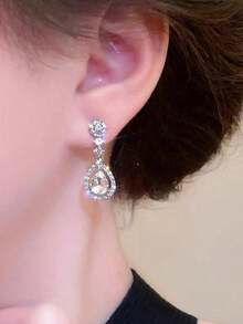 1 Pair Elegant Teardrop Rhinestone Inlaid Glass Earrings, Sophisticated Personalized Suitable For Party, Wedding, Daily Wear - 銀色 - 查看 5