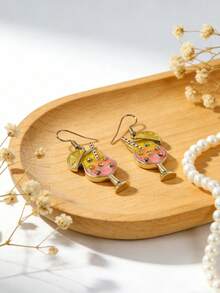 Cute & Fun Summer Vibes Enamel Cocktail Glass Drop Earrings With Lemon Slice & Colorful Rhinestones For Women - Multicolor - View 2