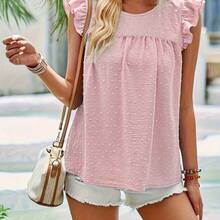Round Neck Butterfly Sleeve Chiffon Jacquard Blouse, Loose And Casual - Rose Red - View 2