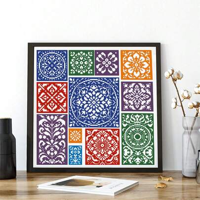 花卉几何十字绣套件，印花十字绣布贴，温馨家居窗花图案，手工刺绣DIY用品，包含针、线、说明书，适用于客厅和卧室装饰