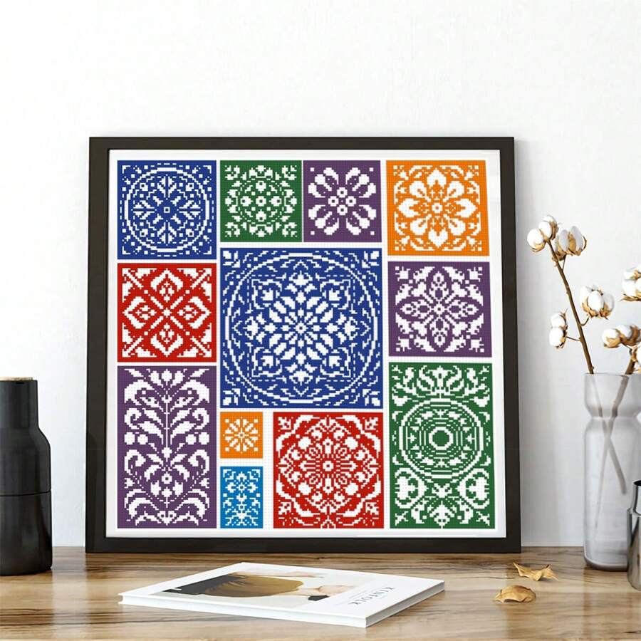 Floral & Geometric Cross Stitch Kit, Printed Cross Stitch Patch, Warm Home Window Flower Pattern, Handmade Embroidery DIY Supplies Include Needles, Threads, Instructions, Living Room Bedroom Decor, 11CT Middle Grid 3-Strand Embroidery