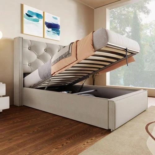 Upholstered Hydraulic Single Bed 90x200cm, Metal Slatted Base, Modern Bed Frame With Storage Space, Cotton, Light Grey - Apricot - View 1