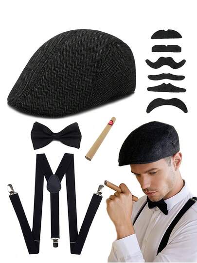Forever & Moment 1920年代男士服装套装（5件套），包括贝雷帽、领带、Y型背带、假胡子，盖茨比风格，适合角色扮演、表演和复古主题派对