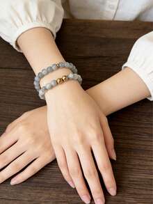 2 Pcs Gold Heart-Shaped Beaded Bracelet, Imitation Natural Stone Bead Bracelet, Couple's Bracelet, Friendship Bracelet, The Best Gift For Mom, Girlfriend, Or Friend. - Multicolor - View 2