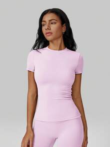 MFVIM Seamless Ribbed Knit Sports Tee - Baby Pink - View 9