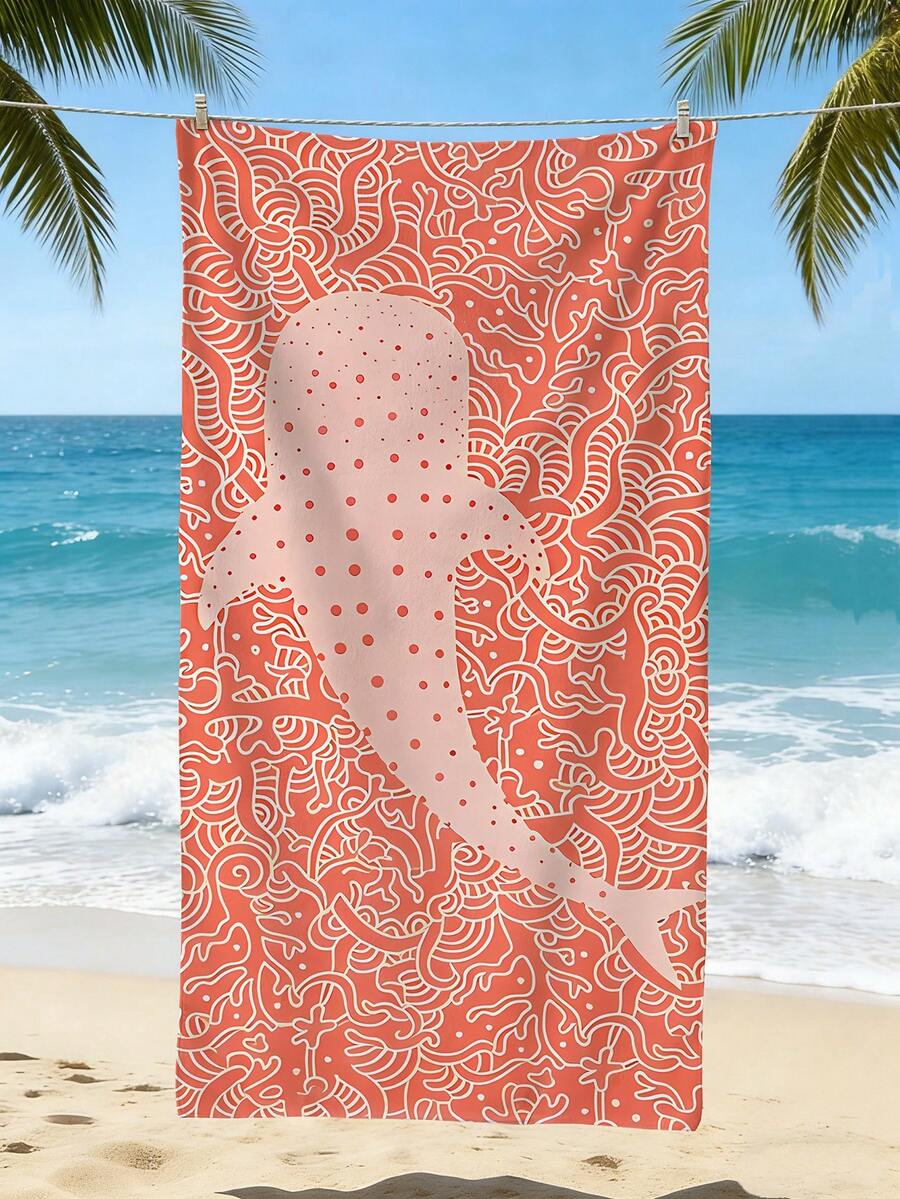 1pc Ultra-Fine Fiber Beach Towel, Coral Orange Whale Shark Pattern Printed Bath Towel, Sand Proof, Quick Drying, Absorbent, Oversized Sunbathing Towel, Suitable For Swimming Pools, Swimming, Camping, Beaches, Travel Essentials, - Type a - View 1