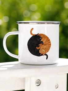 1pc Black & Orange Round Cat Print Enamel Mug, Tai Chi Cat, Exquisite, Fun, Cute, Enamel Ceramic Mug, Holiday Gift, Birthday Gift, Best Choice For Boyfriend Or Girlfriend - Multicolor - View 2