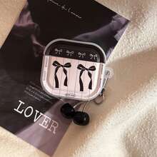 GUCADI 1pc Transparent Black & Pink Striped Bow + Silver-Plated Black Cherry Pendant, Sweet & Cool Black & Pink Bow Apple 4/Pro 2 Bluetooth Earphone Case, Cherry Pendant - Multicolor - View 10