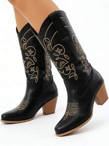 Cowboy Boots For Women, Brown Western Style Fashion Pointed Toe Embroidered Chunky Heel Slip-On Boots, Autumn/Winter - Black - View 9