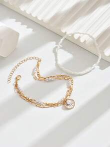 2件套时尚贝壳吊坠珍珠串珠多层脚链，沙滩度假女孩脚部饰品 - 彩色 - 查看 3