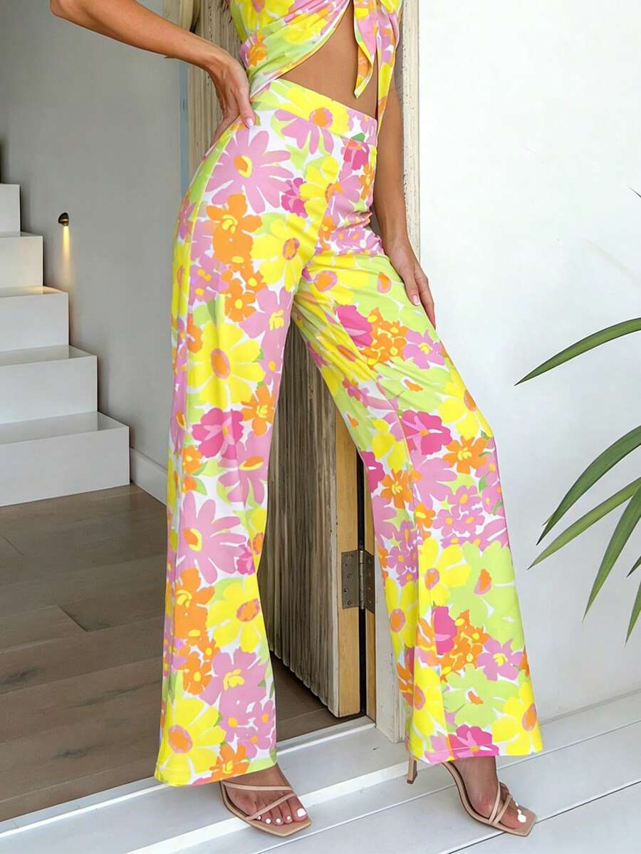 Women's Yellow Floral Print Pants, Suitable For Spring And Summer - Multicolor - View 1